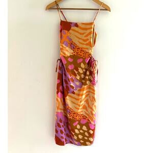 NWT Christian Lacroix Keyhole Satin Midi Dress Abstract Gold & Pink Size XS